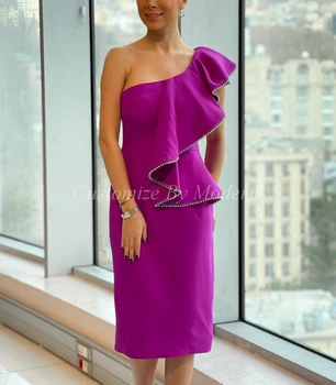 Платья для выпускного вечера из атласа цвета фуксии с одним плечом, расшитые бисером, чайная длина, женские вечерние платья из Саудовской Аравии, вечернее платье для вечеринок