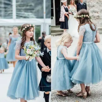 Бледно-голубое платье в цветочек для девочек Кружевные аппликации из тюля Чайной длины Винтажные платья в цветочек для девочек Милые платья в цветочек для свадеб