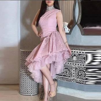 2023 Новейшая юбка с помпоном на одно плечо, Розовое Элегантное вечернее платье длиной до колен