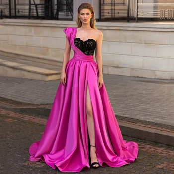 Ярко-розовое вечернее платье, Кружевное Атласное платье на одно плечо, Дубайские официальные вечерние платья, Длинные Элегантные арабские женские вечерние платья 2021 на заказ