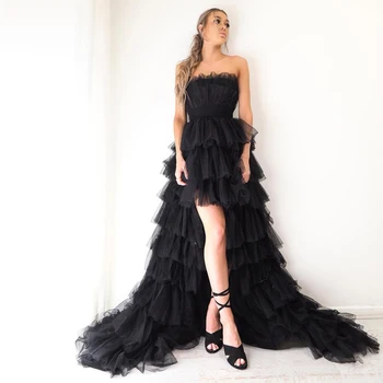 Женское длинное платье для выпускного вечера, черное Трапециевидное вечернее платье без рукавов, многоуровневое вечернее платье robe de soiree