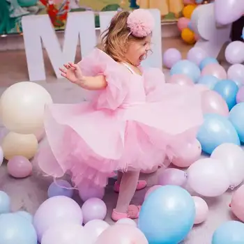 Розовое Милое Бальное платье с блестками, платье принцессы, Платья с цветочным узором для девочек, платье для Первого Причастия для девочек, детские платья на День рождения