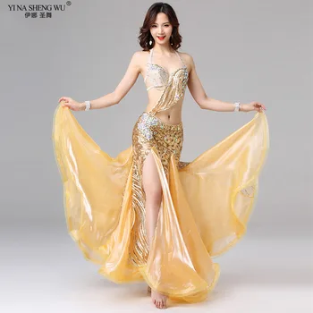 Новый высококлассный костюм для танца живота, сценический костюм для восточных танцев, Элегантная юбка в виде рыбьего хвоста, великолепный костюм с блестками