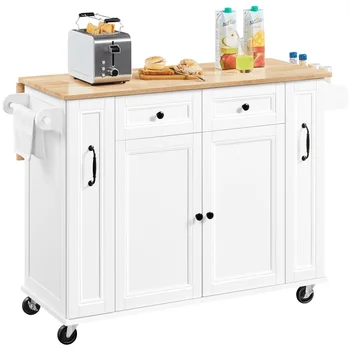 Кухонная тележка SmileMart на колесиках с откидной барной стойкой и 2 выдвижными ящиками, белая