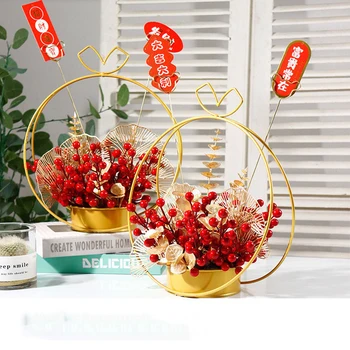 Китайский Красный Фрукт Фортуны Lucky Holly Fruit Металлическая Ваза Имитация Цветка Новогодние Украшения Мебель для дома и гостиной Ремесла