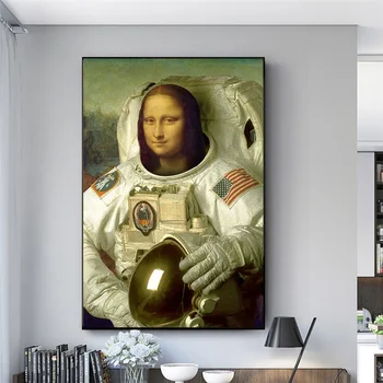Забавное Искусство Мона Лиза Астронавт Холст Плакат Абстрактные Настенные Художественные Плакаты и Принты Куадрос для Гостиной Без Рамы