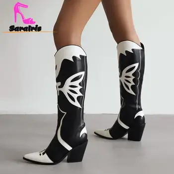 Винтажные женские ботинки в стиле ретро в западном стиле 2023, Зима-осень, Лоскутные сапоги до колена с острым носком, Длинные сапоги для удобной ходьбы