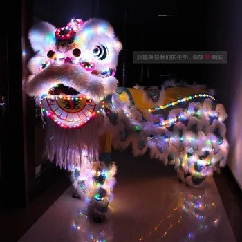 Шерстяной китайский народный художественный костюм Южного льва для двух взрослых, костюм для косплея на Хэллоуин, светодиодный светильник, шерстяной костюм талисмана для танца льва