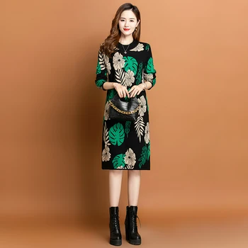 Женское Черное Трикотажное Хлопчатобумажное платье-свитер Миди с цветочным рисунком, Осень-зима, Плотное теплое платье с длинным рукавом 2022, Корейское винтажное вечернее платье