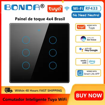 Умный выключатель Tuya Wifi Стандарта Бразилии 4*4 Без Нейтрального провода с Сенсорным управлением 4/6 gang Настенный Выключатель RF433 Smart Life Alexa Google Home