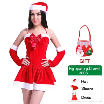 Рождественский Костюм для Косплея Санта Клауса, Красное Бархатное платье, Сексуальные женские наряды со шляпой и сумкой