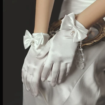 WG016 Нежные свадебные короткие перчатки для новобрачных на запястье, атласный бант с жемчужным перстнем, белые Черные перчатки для подружек невесты