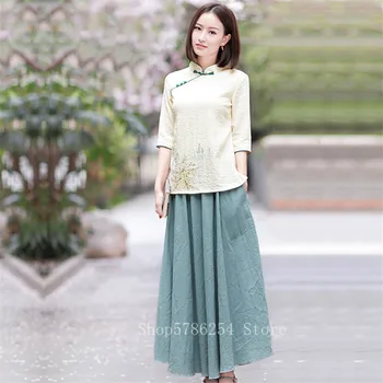 Женское платье Ципао в традиционном китайском стиле, винтажная верхняя рубашка с вышивкой, Элегантная льняная летняя юбка, Восточный костюм в стиле Тан