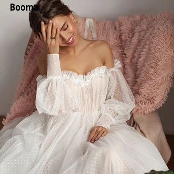 Booma, Новый дизайн, Свадебные платья из тюля с открытыми плечами и пышными рукавами в горошек, Сексуальные платья Невесты с открытой спиной и длинным рукавом с 3D цветами