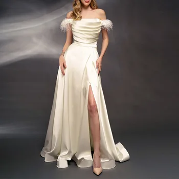 Роскошное атласное вечернее платье в форме сердца с открытыми плечами и рукавами-перьями, Элегантное вечернее платье для подружки Невесты с высоким разрезом