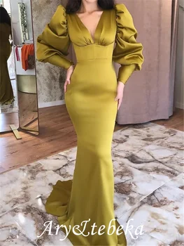 Элегантное винтажное вечернее платье для Помолвки с V-образным вырезом и длинным рукавом, стрейч-атлас 2021