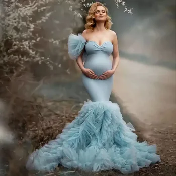 Светло-голубое платье Русалки для беременных для фотосессии, платья для фотосъемки беременных женщин, тюлевые платья с оборками для душа ребенка