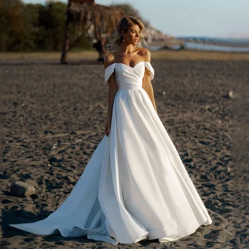 Элегантное Свадебное платье Трапециевидной формы с открытыми плечами, Простые свадебные платья с V-образным вырезом и шлейфом, Vestido De Noiva, с коротким рукавом, на молнии