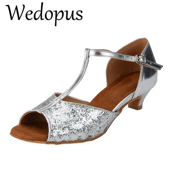 Танцевальные туфли на каблуках Wedopus, женские босоножки на коротком каблуке с серебристым блеском, 4 см
