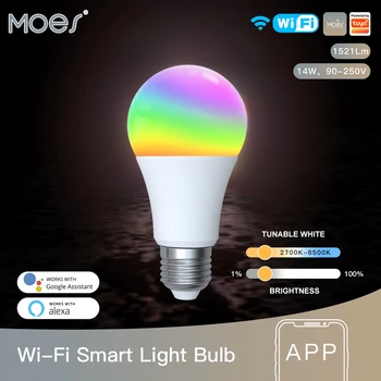 WiFi Умная светодиодная лампа С Регулируемой Яркостью, Лампа 14 Вт RGB C + W E27, Меняющая цвет 2700 К-6500 К, Tuya Smart App Control, Работающая с Alexa Google