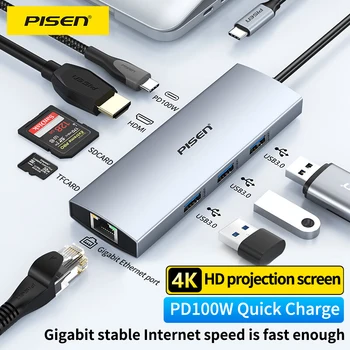 Док-станция PISEN Type C Концентратор с частотой 4K60Hz, совместимый с HDMI, USB 3.0 Адаптер RJ45 PD100W Для Зарядки Ноутбуков Macbook Pro, Аксессуары для ноутбуков