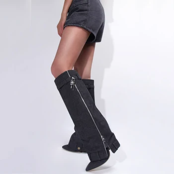 2023, Черные джинсовые женские сапоги до колена, Брючные ботинки, Модные ковбойские сапоги на высоком каблуке с острым носком, Женская обувь Большого размера