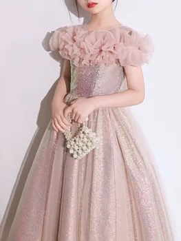Расшитые блестками Элегантные Темпераментные Платья с цветочным узором для девочек, Плиссированный Дизайн на одно плечо, Детский Халат для Вечеринки по случаю Дня рождения, Бальное платье Принцессы