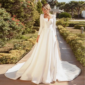Элегантные атласные Свадебные платья Платье Невесты с длинным рукавом Арабское Мусульманское Свадебное платье с открытой спиной Vestido de novia 2021