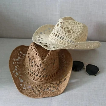 Соломенная Ковбойская шляпа в западном стиле для женщин и мужчин, Классическая Винтажная Открытая солнцезащитная шляпа Унисекс с широкими полями, Рыболовная шляпа, Кепка для скалолазания