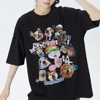 Женская футболка Y2k Top с графическим принтом Кошки и собаки, Летние Повседневные рубашки Оверсайз с коротким рукавом для женщин, топы корейской одежды Harajuku