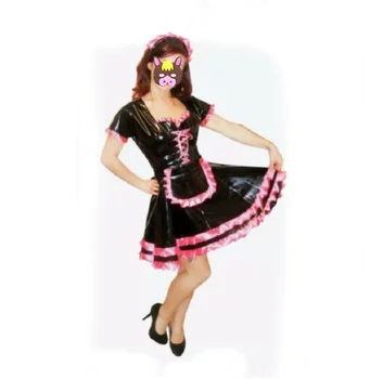 Французский Сисси Черный Сексуальный ПВХ бандаж с низкой шеей, фартук с оборками, платье на заказ