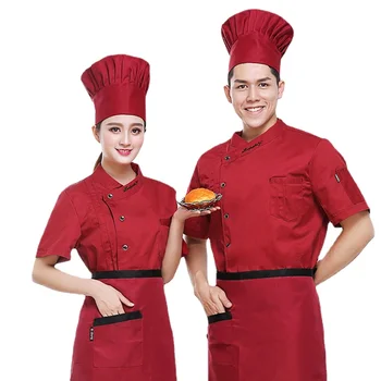 Красная кухонная форма для приготовления пищи, Унисекс, рабочая одежда с коротким рукавом, куртка шеф-повара ресторана, Рубашка официанта пекарни, кофейни, Фартук, комплект шляп