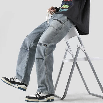 Мужские джинсы в стиле хип-хоп, Дизайнерские брюки на молнии, Брюки для парней, одежда Y2K, Прямые Свободные джинсовые брюки с завязками, мужские Панталоны